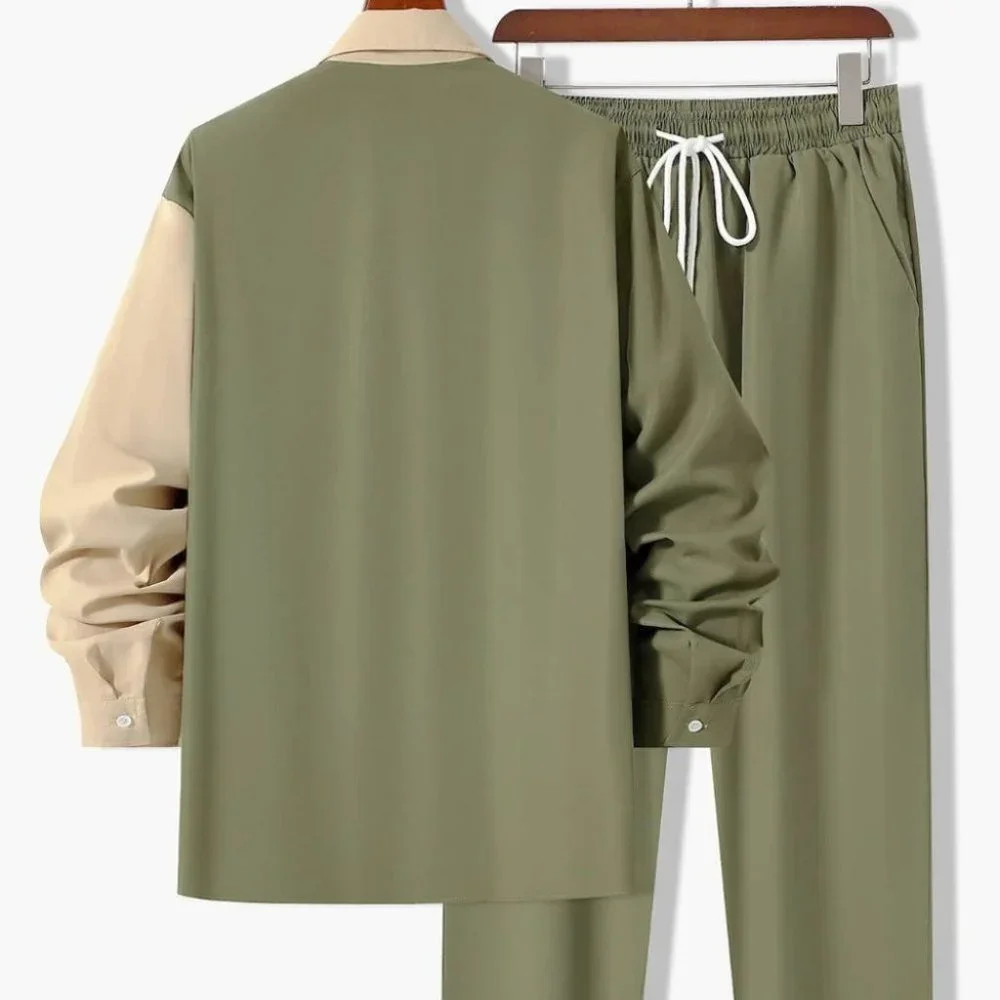 Tan And Green Mens Shirt And Pants Set - Picture 3 of 7